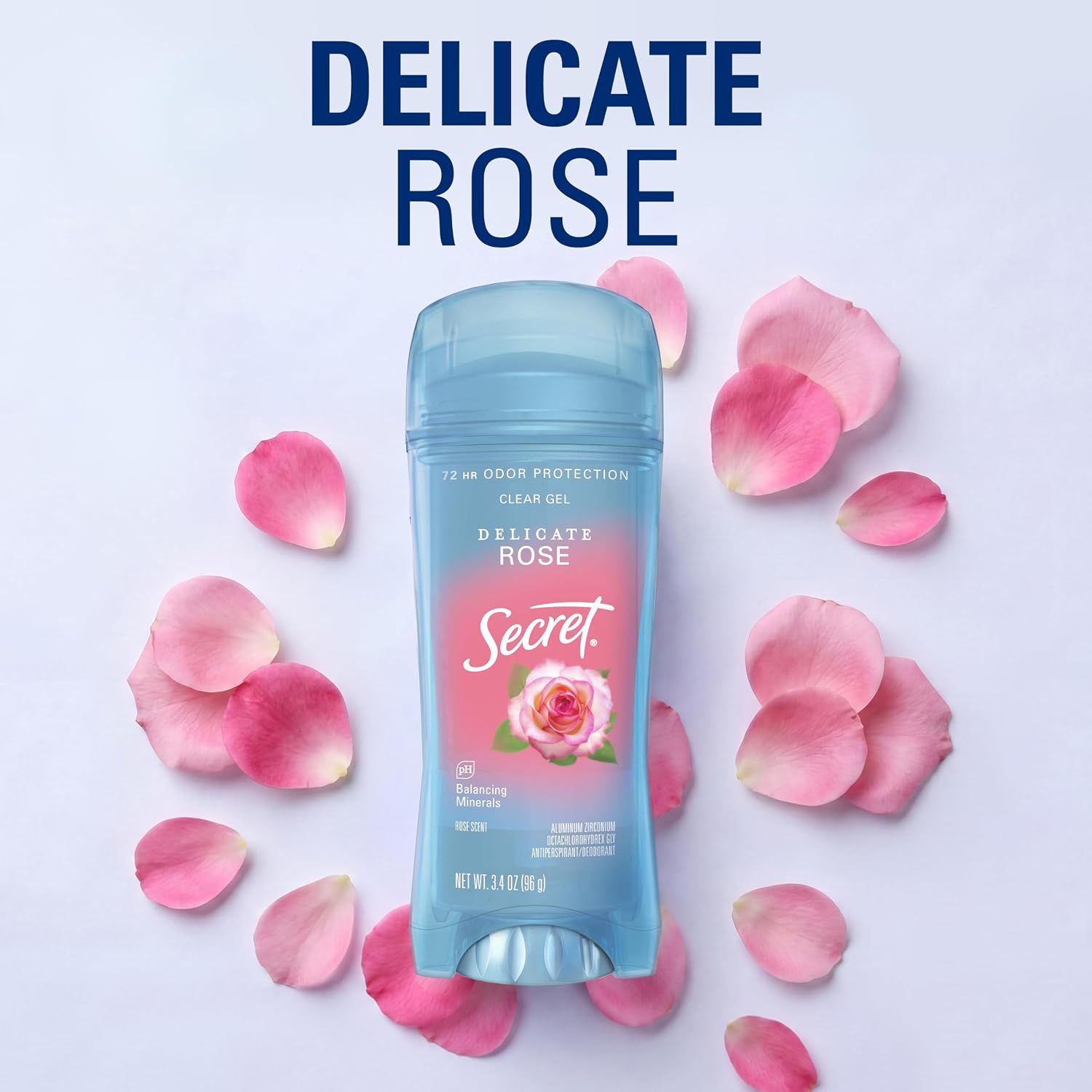 Secret Fresh Antiperspirant Deodorant for Women. 72hr Breathable Sweat & Odor Protection. Instant Freshness & Gentle. PH Balancing Minerals. Clear Gel. Delicate Rose Scent. 3.4 oz