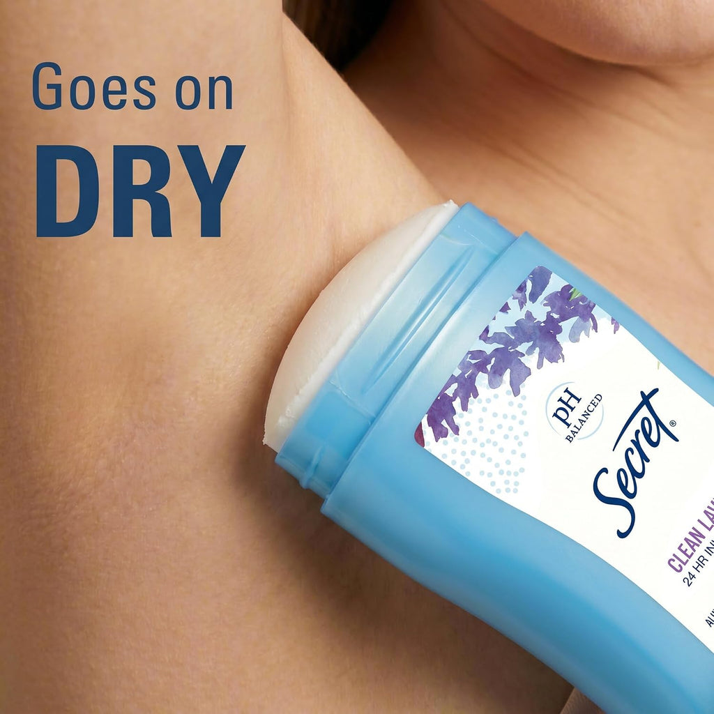 Secret Antiperspirant and Deodorant for Women. 24hr Sweat & Odor Protection. PH Balanced Protection. Gentle on Skin. Invisible Solid. Clean Lavender Scent. 2.6 oz