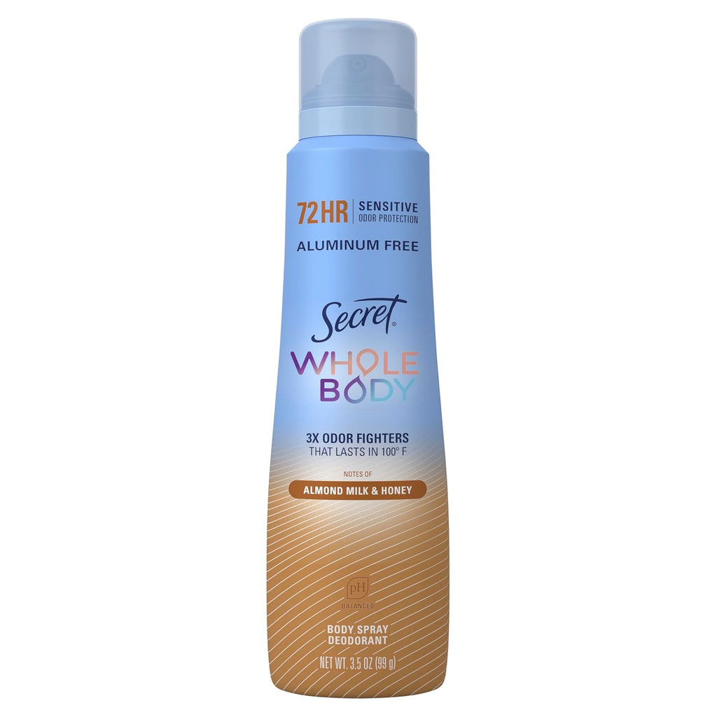 Secret Whole Body Deodorant Spray for Women. Almond Milk & Honey Scent. Aluminum Free Deodorant. 72 HR Odor Protection. 3.5oz