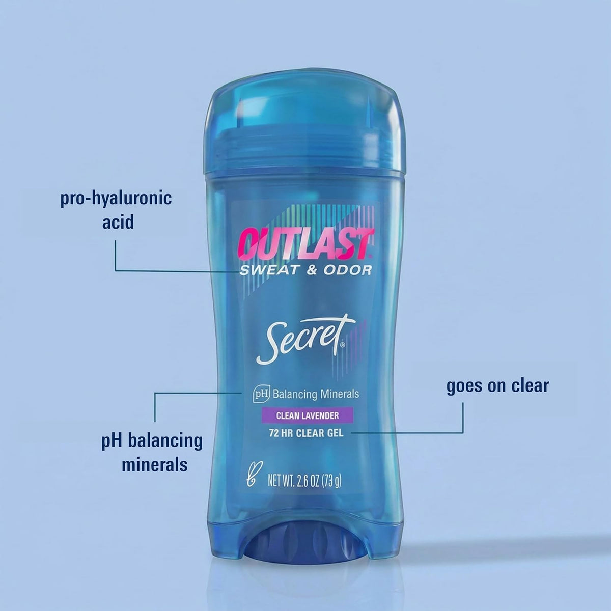 Secret Outlast Antiperspirant Deodorant for Women. 72hr Sweat & Odor Protection. PH Balancing Minerals. Clear Gel. Clean Lavender Scent. 2.6 oz