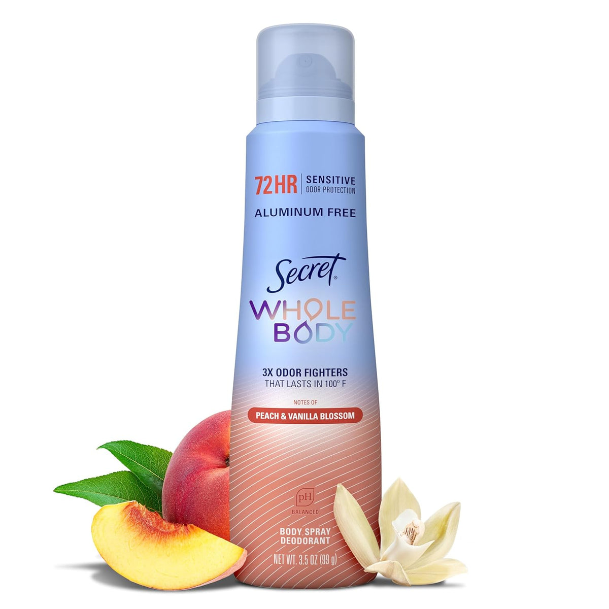 Secret Aluminum Free Whole Body Deodorant Spray for Women. 72hr Sensitive Freshness & Odor Defense. PH Balanced. Invisible Protection. Safe to Use Everywhere. Peach & Vanilla Blossom Scent. 3.5 oz