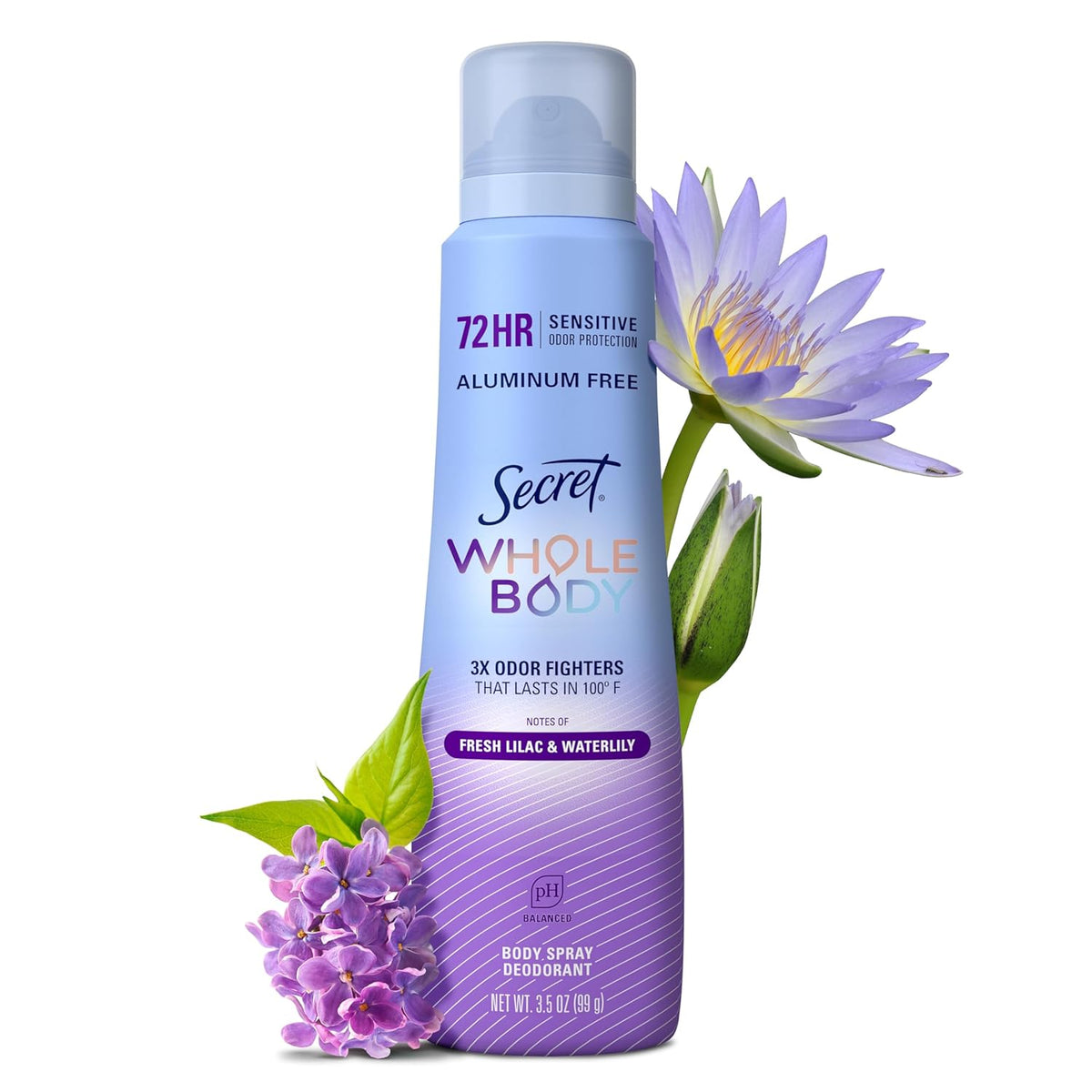 Secret Aluminum Free Whole Body Deodorant Spray for Women. 72hr Sensitive Freshness & Odor Defense. PH Balanced. Invisible Protection. Safe to Use Everywhere. Peach & Vanilla Blossom Scent. 3.5 oz