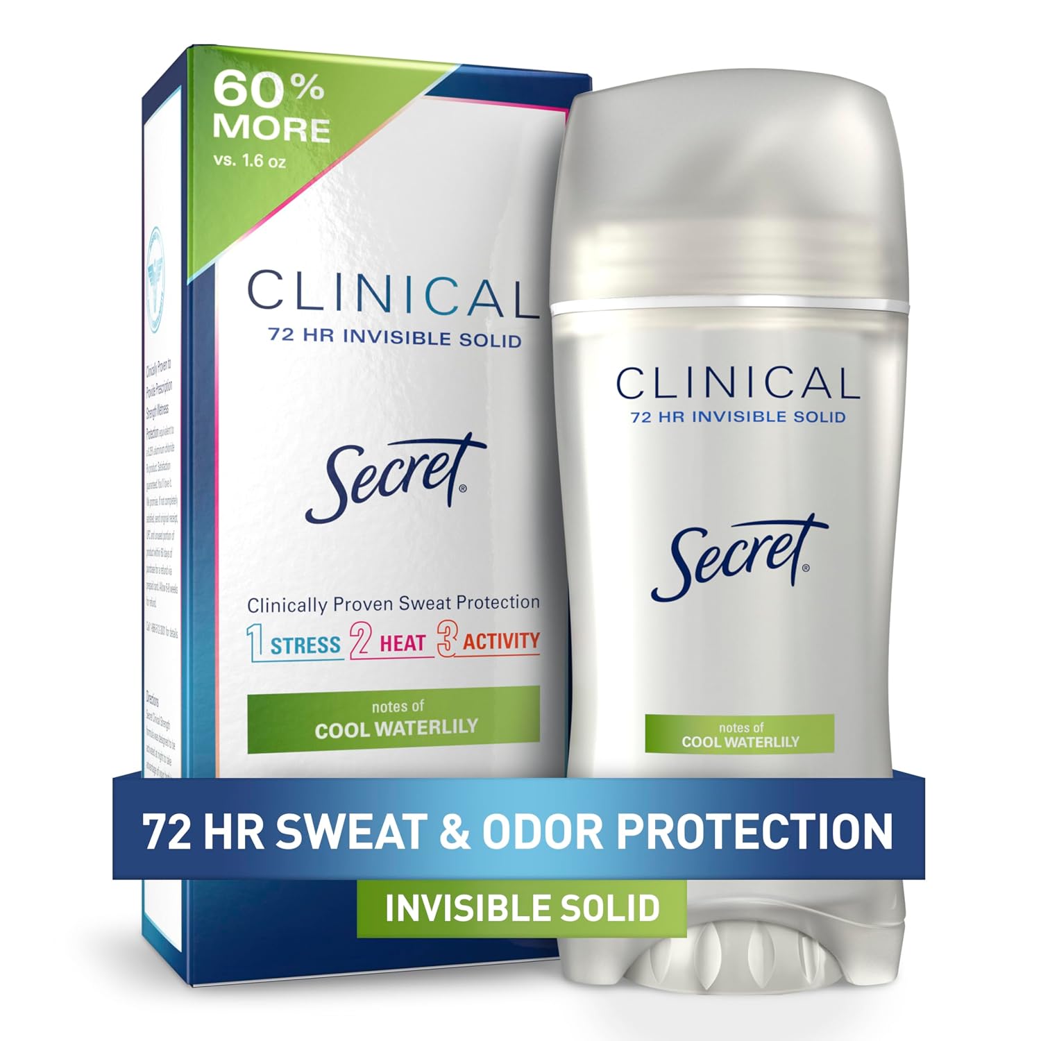Secret Clinical Strength Antiperspirant Deodorant for Women. 3X Stress Protection. 72hr Sweat & Odor Protection. PH Balancing Minerals. Invisible Solid. Cool Waterlily Scent. 2.6 oz