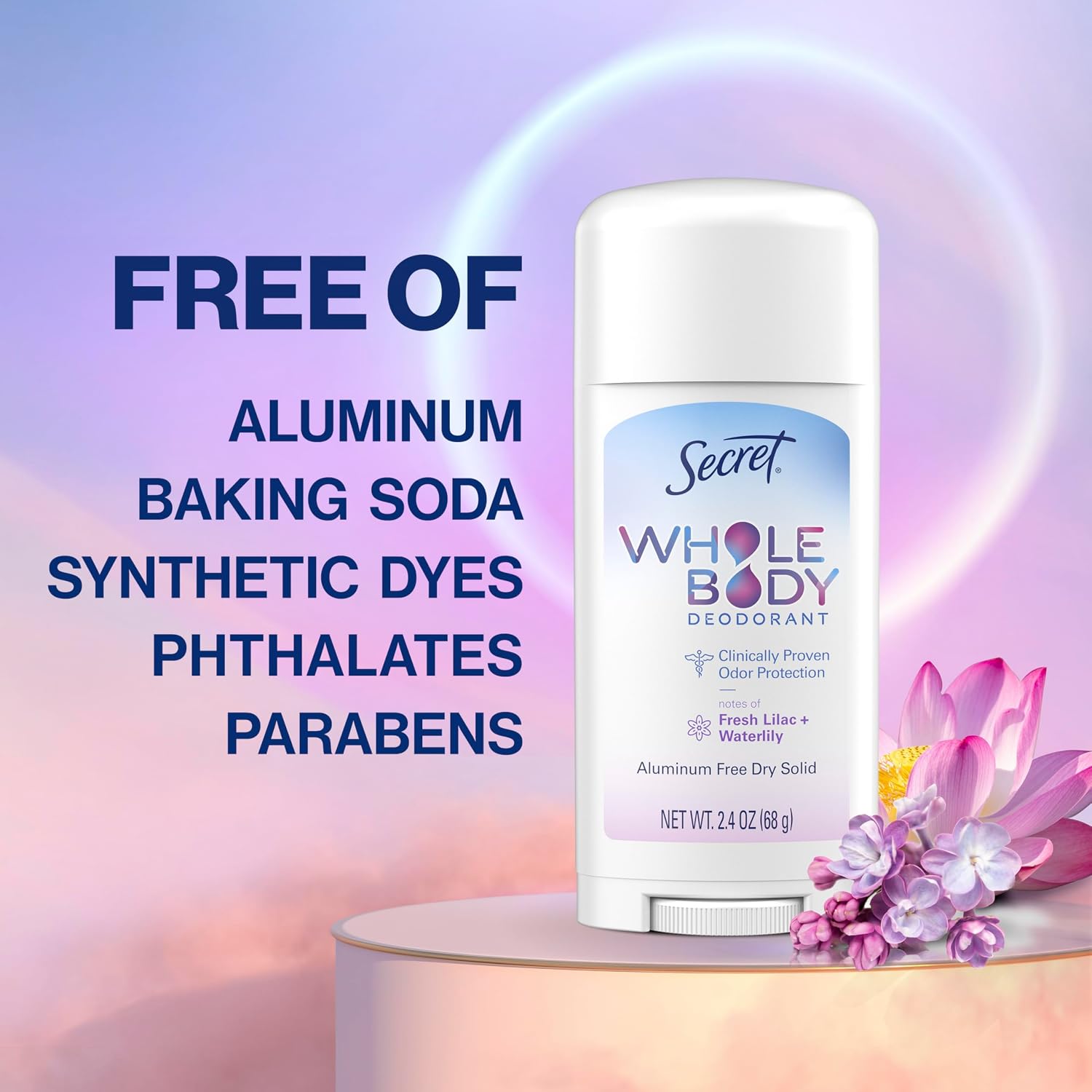 Secret Whole Body Deodorant Stick for Women. Lilac & Waterlily Scent. Aluminum Free Deodorant Stick. 72 HR Odor Protection. 2.4 oz