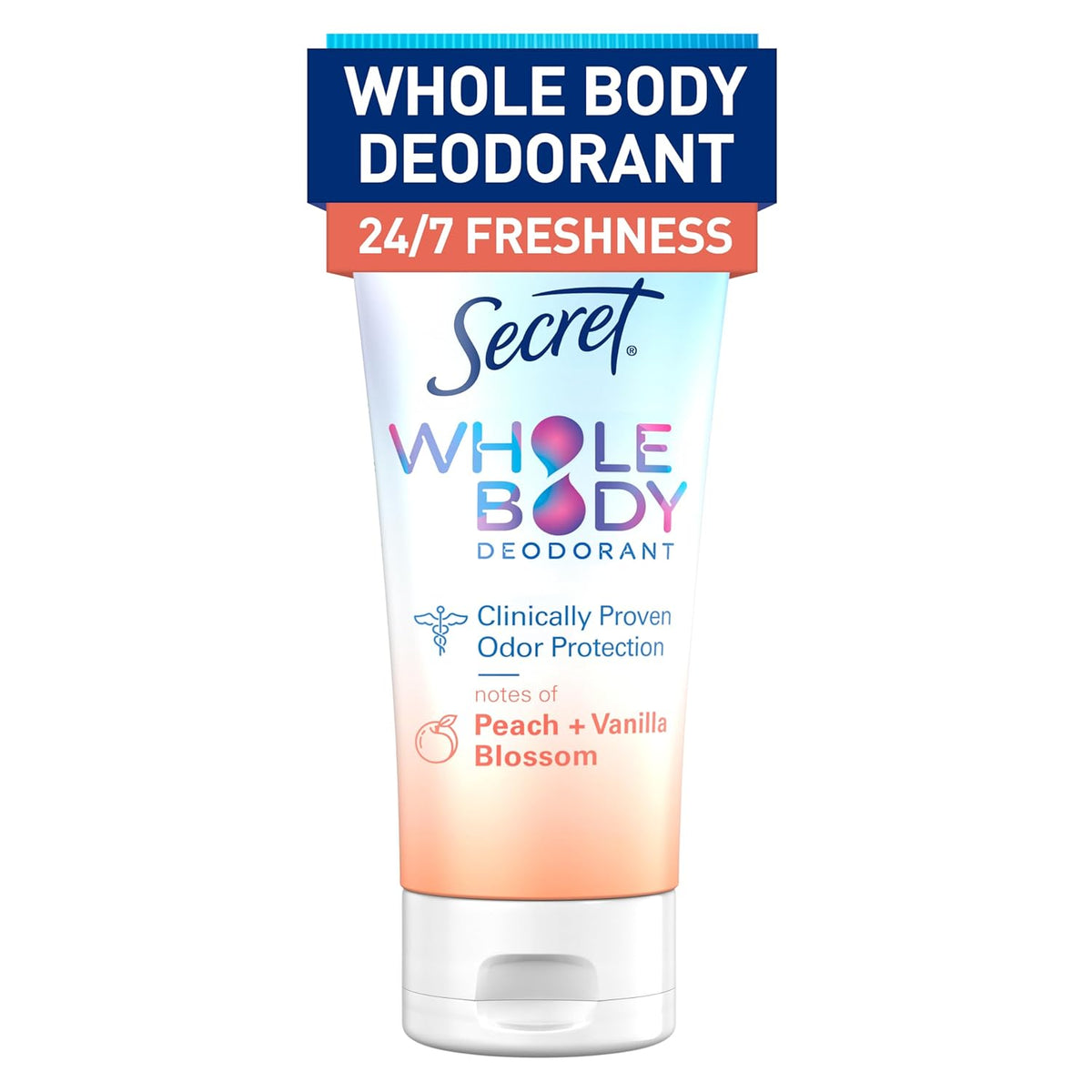 Secret Whole Body Deodorant Cream for Women. Peach & Vanilla Blossom Scent. Aluminum Free Deodorant. 72 HR Odor Protection. 3.0 oz