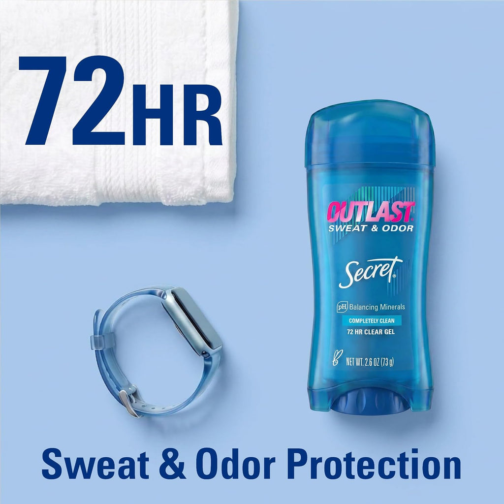 Secret Outlast Antiperspirant Deodorant for Women. 72hr Sweat & Odor Protection. Pro-Hyaluronic Power. pH Balancing Minerals. Clear Gel. Completely Clean Scent. 2.6 oz