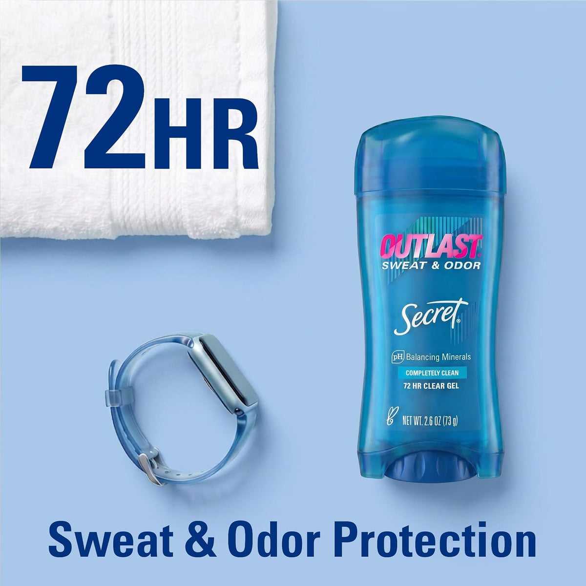 Secret Outlast Antiperspirant Deodorant for Women. 72hr Sweat & Odor Protection. Pro-Hyaluronic Power. pH Balancing Minerals. Clear Gel. Completely Clean Scent. 2.6 oz
