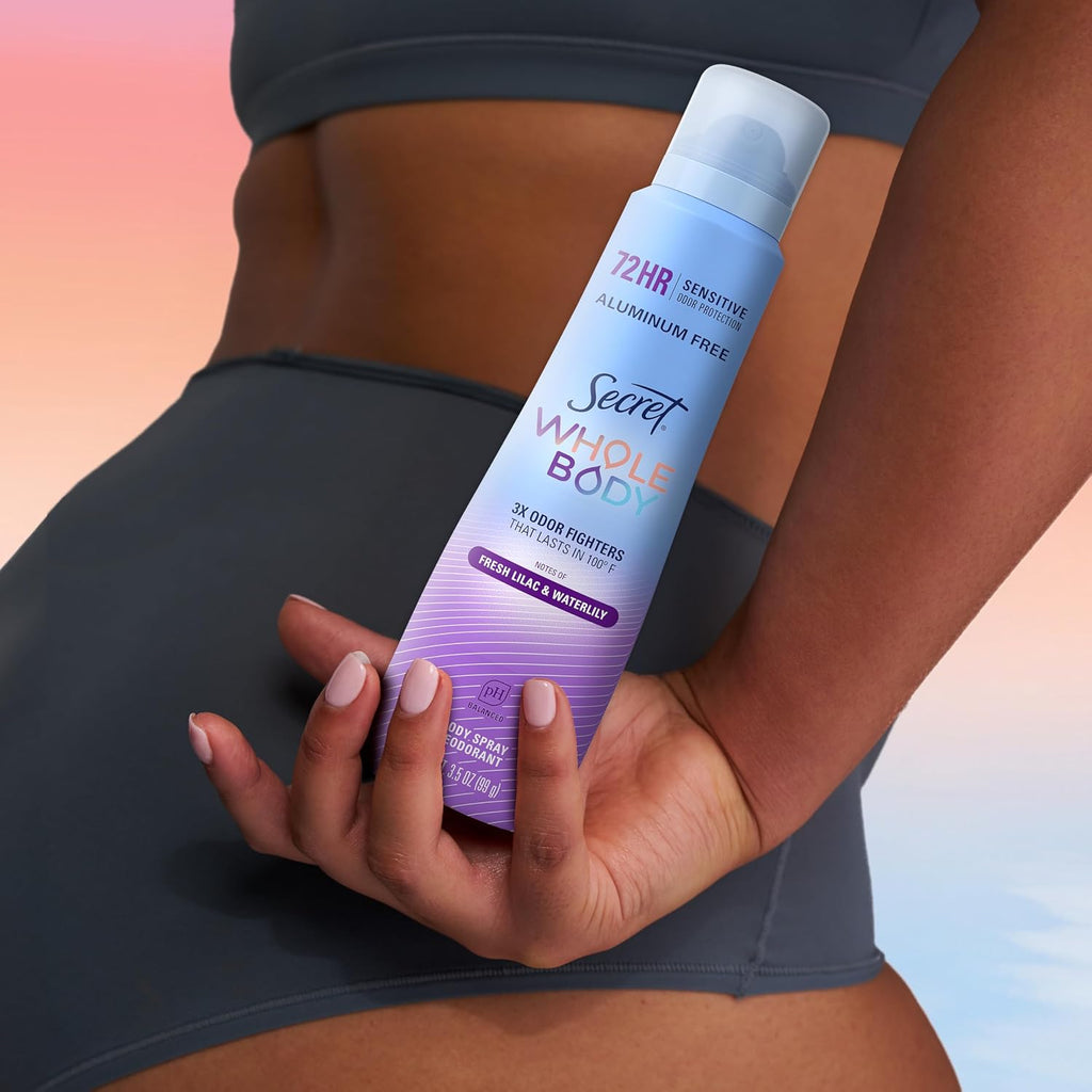 Secret Aluminum Free Whole Body Deodorant Spray for Women. 72hr Sensitive Freshness & Odor Defense. PH Balanced. Invisible Protection. Safe to Use Everywhere. Fresh Lilac & Waterlily Scent. 3.5 oz