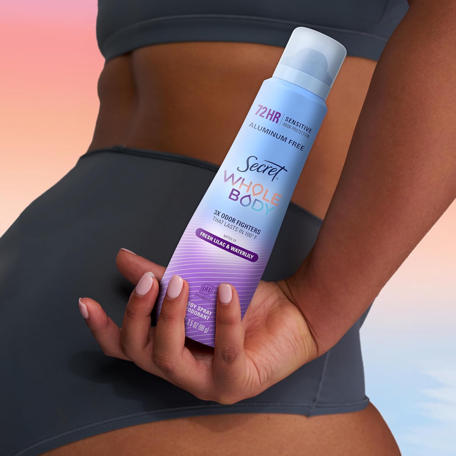 Secret Aluminum Free Whole Body Deodorant Spray for Women. 72hr Sensitive Freshness & Odor Defense. PH Balanced. Invisible Protection. Safe to Use Everywhere. Fresh Lilac & Waterlily Scent. 3.5 oz