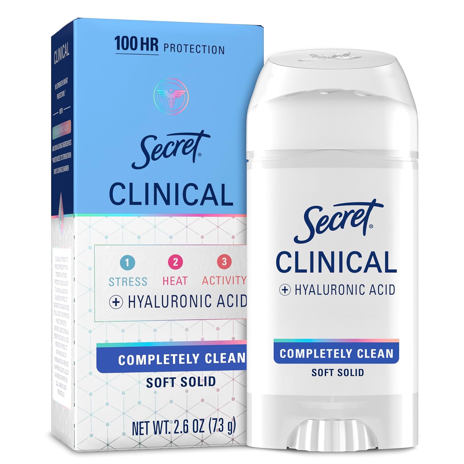 Secret Clinical Strength 100HR Sweat & Odor. Soft Solid Antiperspirant Deodorant for Women. 3X Stress Protection with Hyaluronic Acid. PH Balancing Minerals. Completely Clean Scent. 2.6 oz