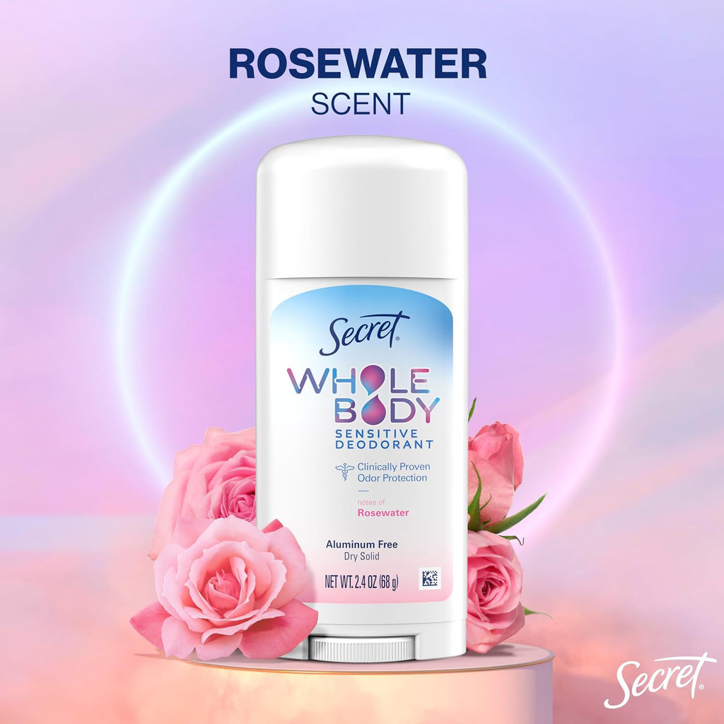 Secret Whole Body Deodorant Stick for Women. Rosewater Scent. Aluminum Free Deodorant Stick. 72 HR Odor Protection. 2.4 oz