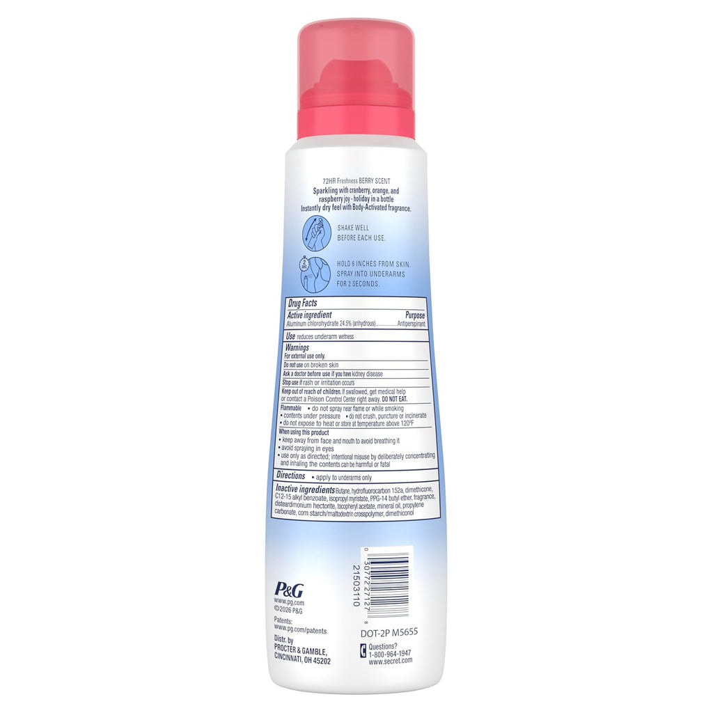 Secret Dry Spray Antiperspirant Deodorant for Women. 72hr Holiday Freshness. Pro-Hyaluronic Acid. PH Balancing Minerals. Invisible Spray. Berry Bright Scent. 4.1 oz