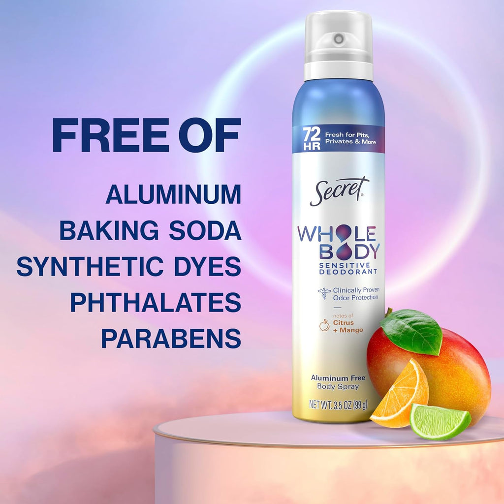 Secret Whole Body Deodorant for Women. Spray Citrus & Melon Scent. Aluminum Free Deodorant Spray. 72 HR Odor Protection. 3.5 oz