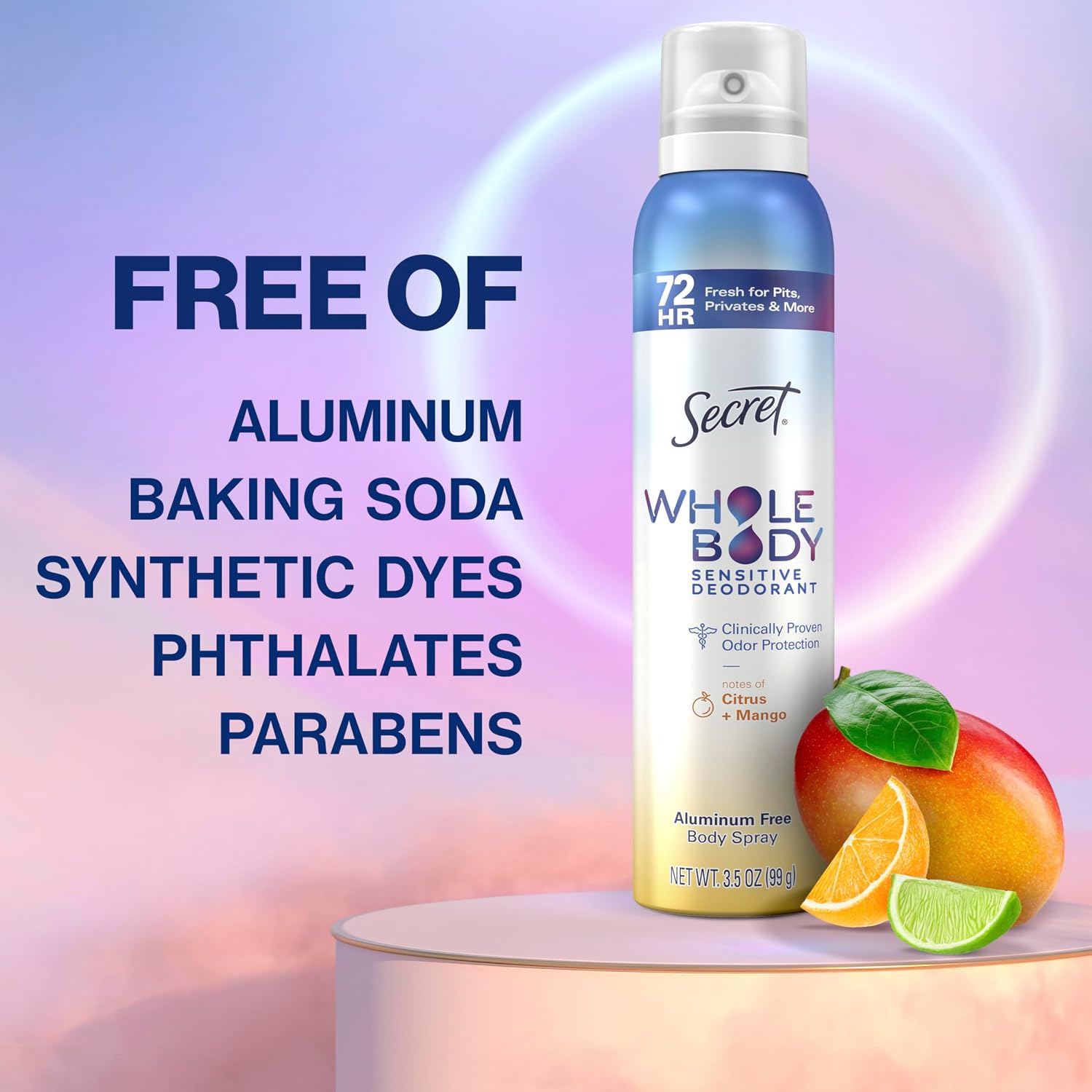 Secret Whole Body Deodorant for Women. Spray Citrus & Melon Scent. Aluminum Free Deodorant Spray. 72 HR Odor Protection. 3.5 oz