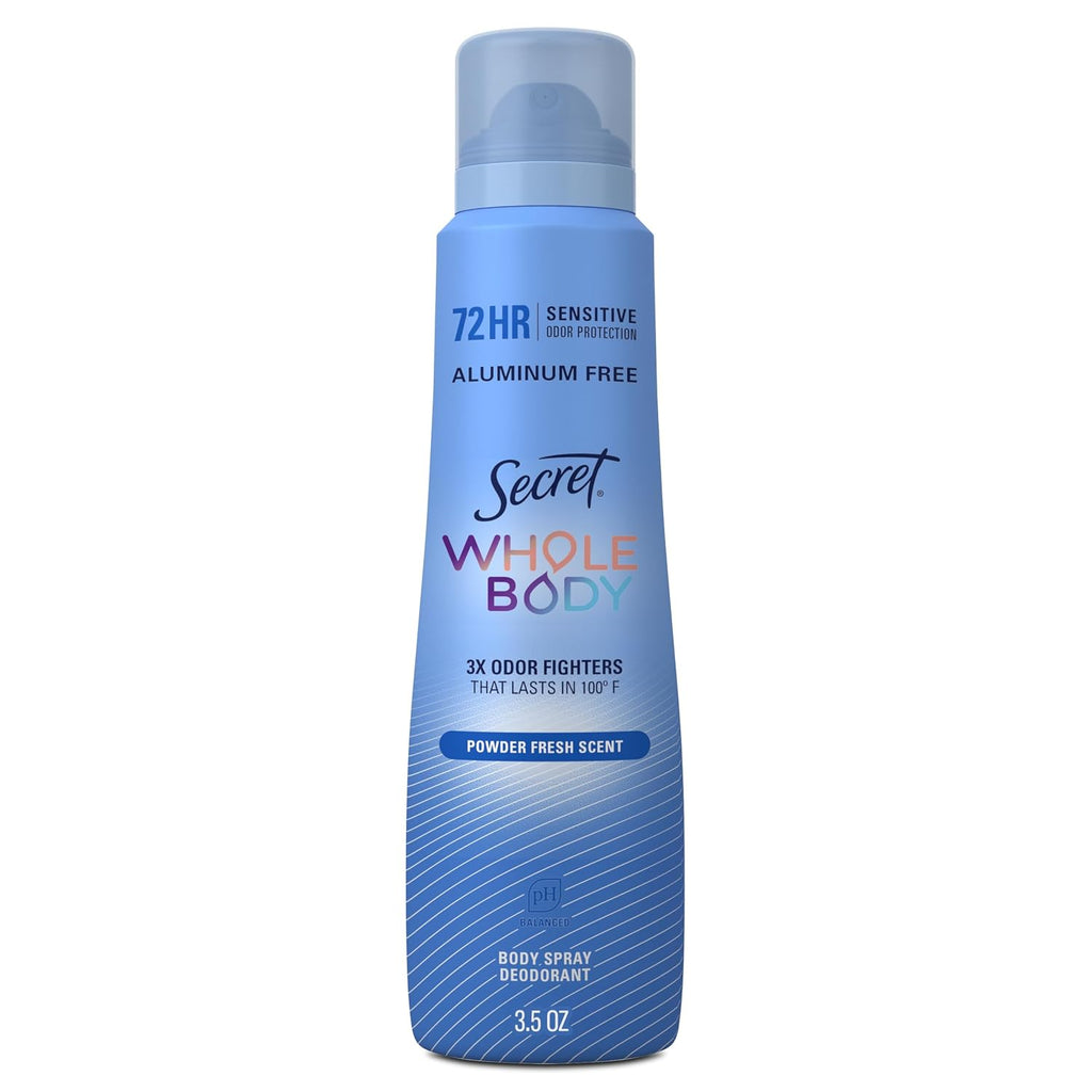 Secret Aluminum Free Whole Body Deodorant Spray for Women. 72hr Sensitive Freshness & Odor Defense. PH Balanced. Invisible Protection. Safe to Use Everywhere. Powder Fresh Scent. 3.5 oz