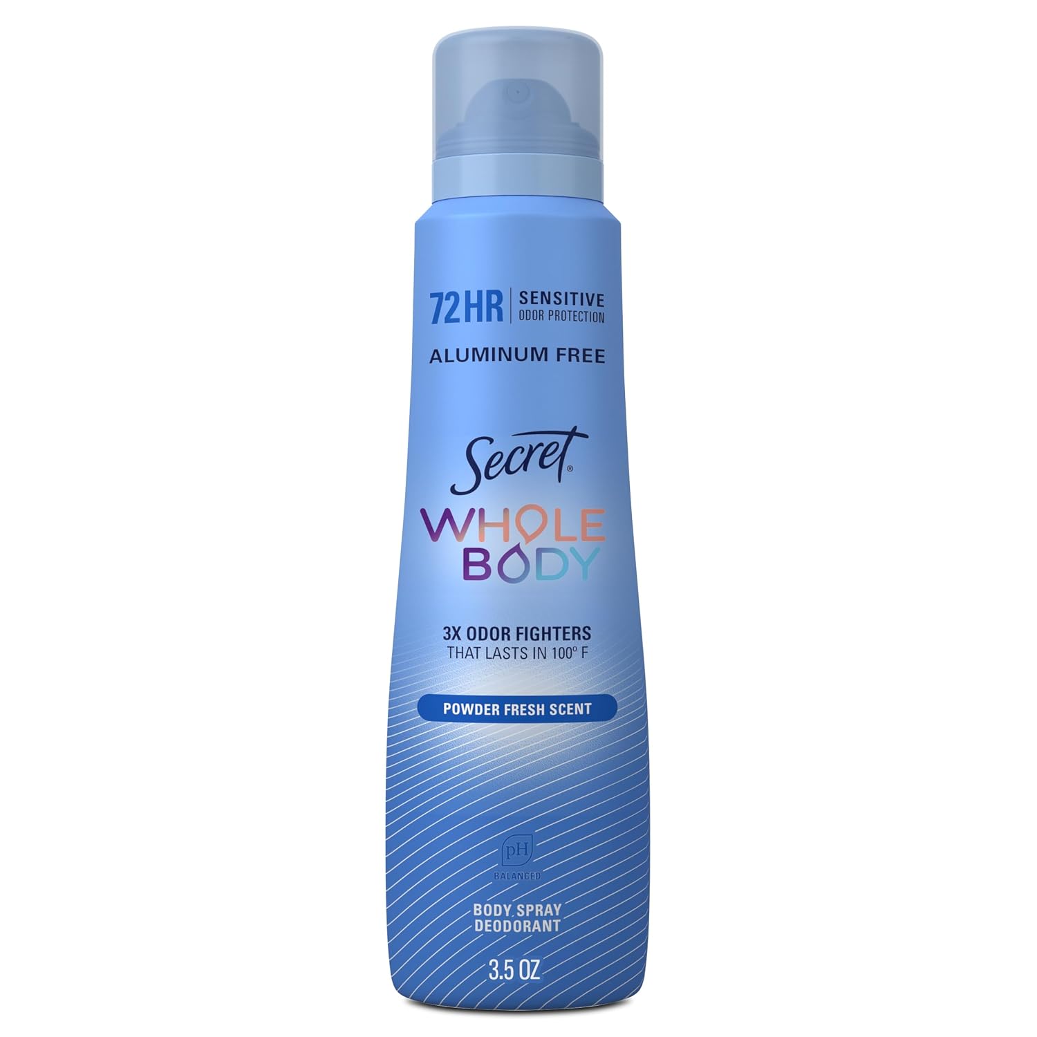 Secret Aluminum Free Whole Body Deodorant Spray for Women. 72hr Sensitive Freshness & Odor Defense. PH Balanced. Invisible Protection. Safe to Use Everywhere. Powder Fresh Scent. 3.5 oz