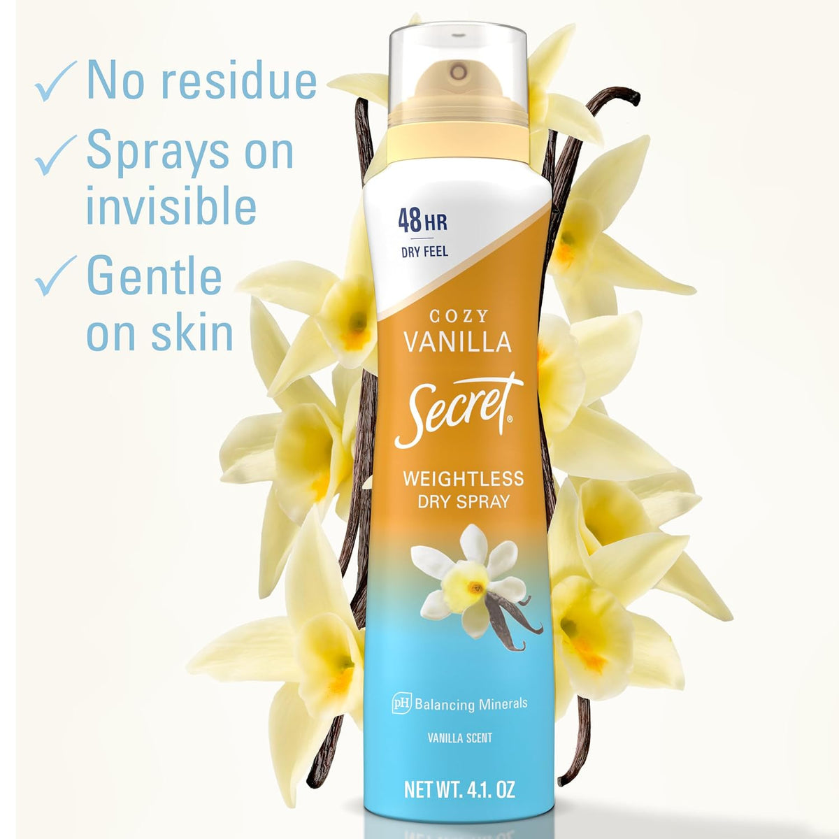 Secret Dry Spray Antiperspirant Deodorant for Women. 48hr Weightless Sweat & Odor Protection. Gentle on Skin. Cozy Vanilla Scent. 4.1 oz (Pack of 3)