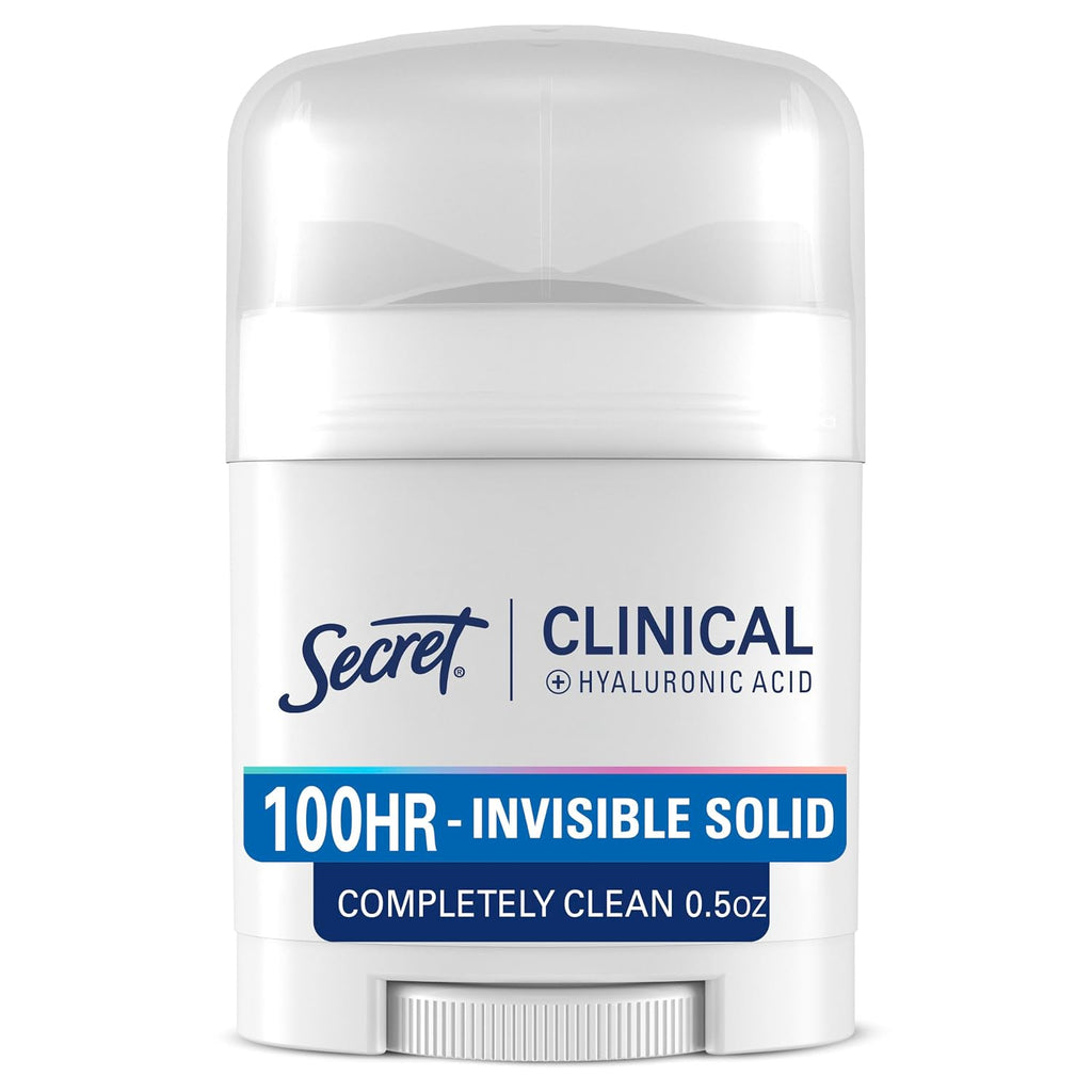 Secret Clinical Strength 100HR Sweat & Odor. Invisible Solid Antiperspirant & Deodorant for Women. 3X Stress Protection with Hyaluronic Acid. PH Balanced. Completely Clean Scent. 0.5 oz