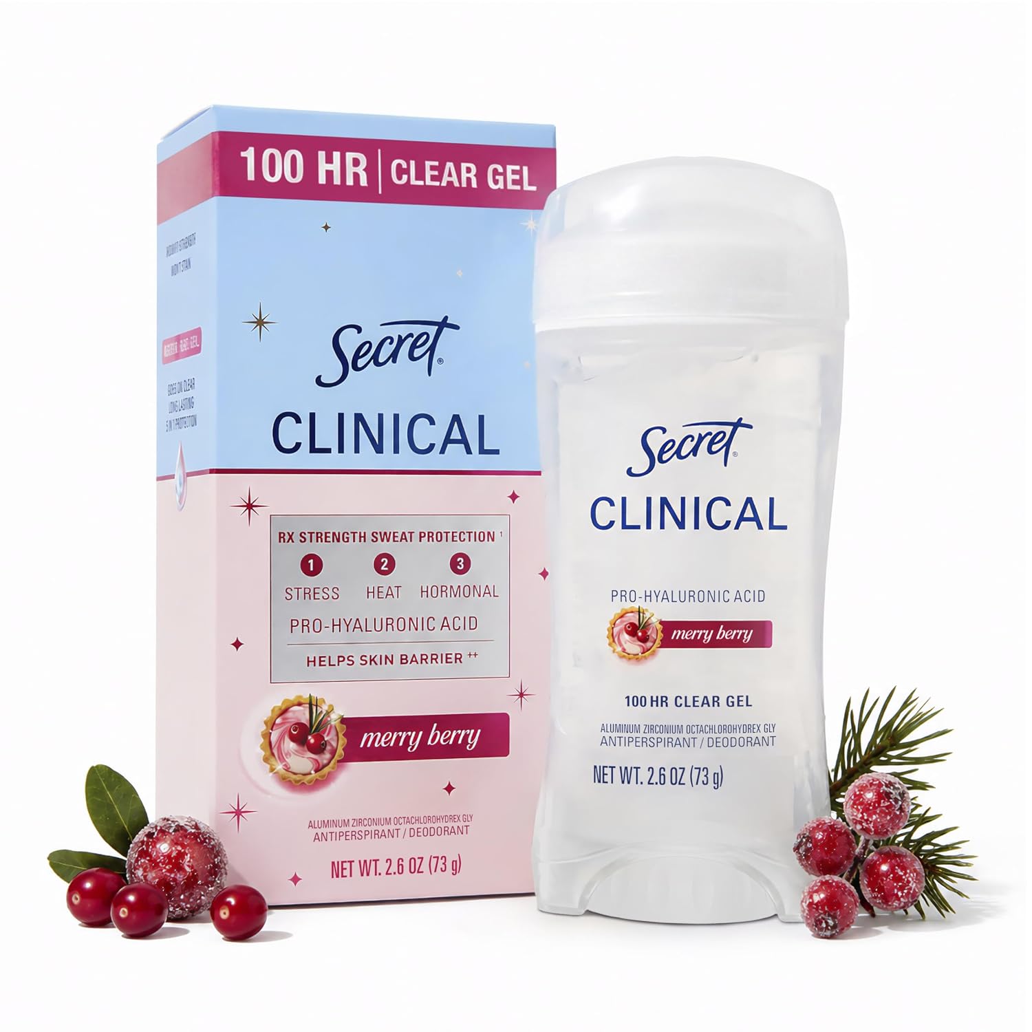 Secret Clinical Strength 100HR Sweat & Odor. Clear Gel Antiperspirant Deodorant for Women. 3X Stress Protection with Hyaluronic Acid. PH Balancing Minerals. Merry Berry Scent. 2.6 oz