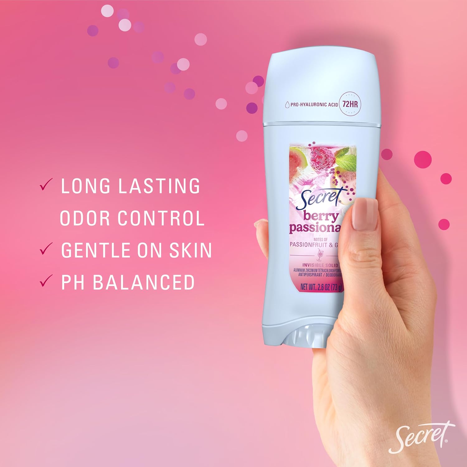 Secret Fresh Antiperspirant Deodorant. Berry Passionate Scent. 2.6oz | 72HR Freshness on the Rocks with Pro-Hyaluronic Acid. Miami Mocktails Limited Edition Invisible Solid. pH Balancing Minerals