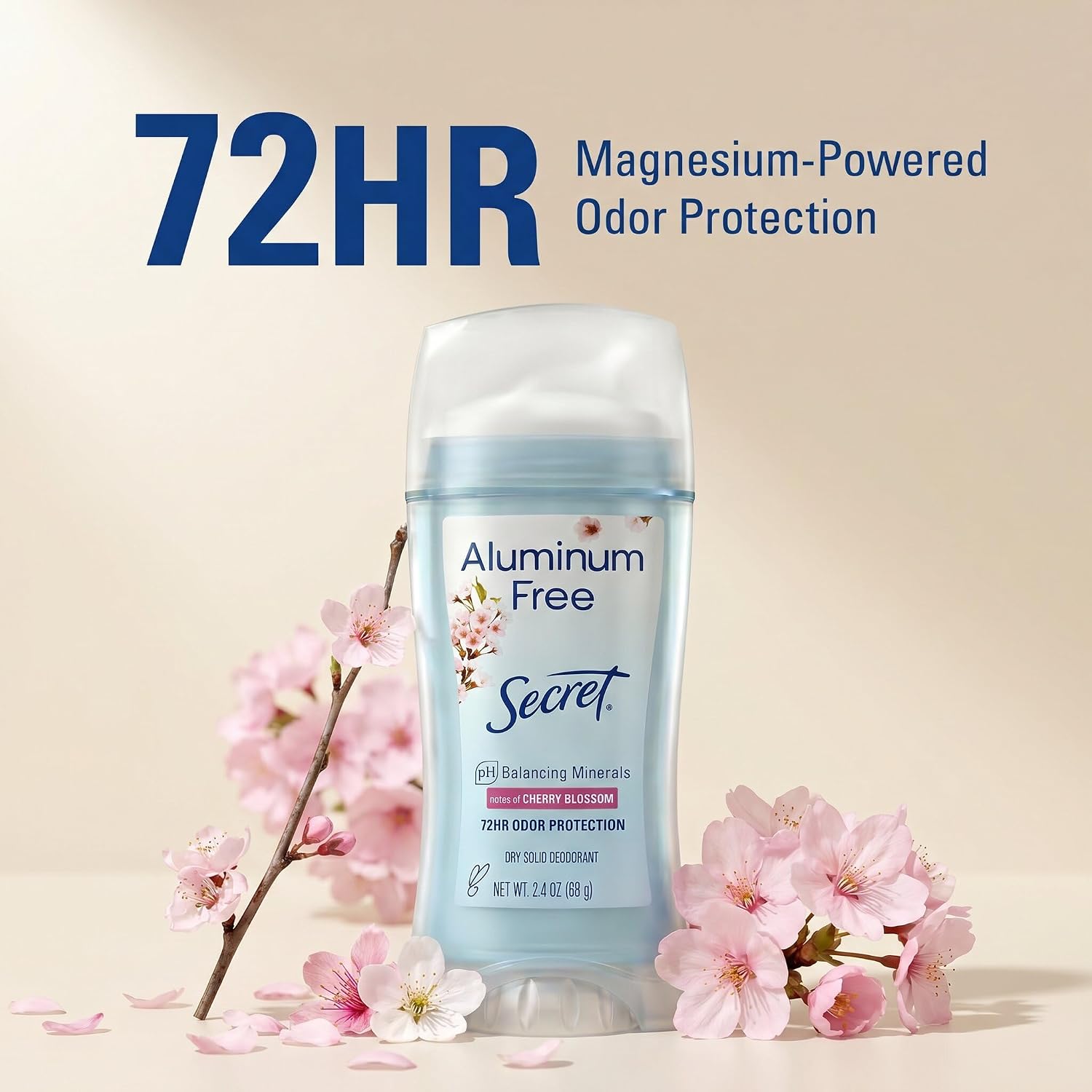 Secret Aluminum Free Deodorant for Women. 72hr Odor Protection. Free of Parabens Dyes Talc & Baking Soda. PH Balancing Minerals. Dry Solid. Cherry Blossom Scent. 2.4 oz (Pack Of 3)
