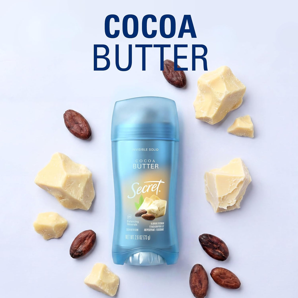 Secret Fresh Antiperspirant Deodorant for Women. 72hr Breathable Sweat & Odor Protection. Instant Freshness & Gentle. PH Balancing Minerals. Invisible Solid. Cocoa Butter Scent. 2.6 oz