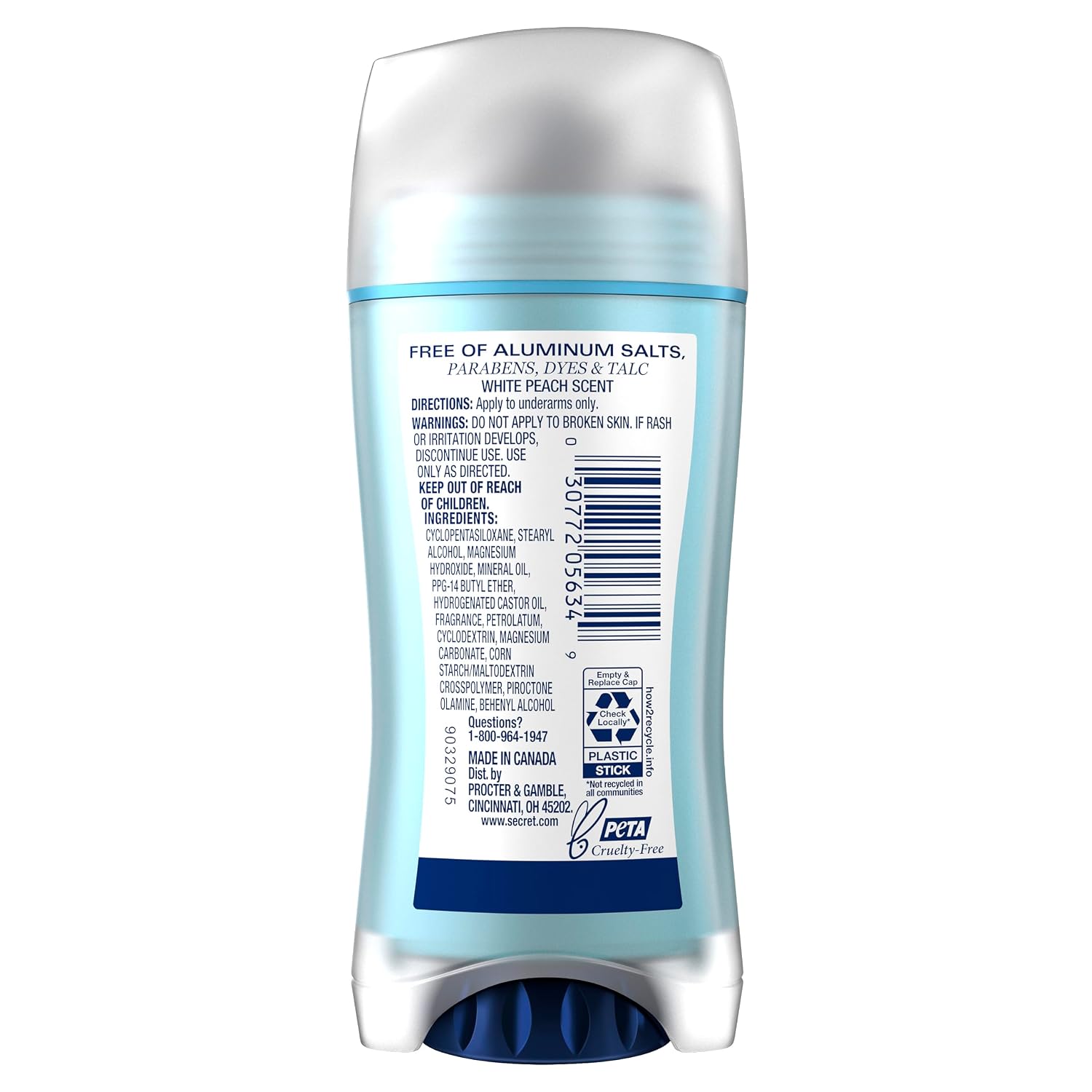 Secret Aluminum Free Deodorant | White Peach Scent | 2.4 oz (Pack Of 3) | Invisible Solid Deodorant for Women. 72hr Magnesium Powder Odor Protection. Free of Parabens. pH Balancing Minerals