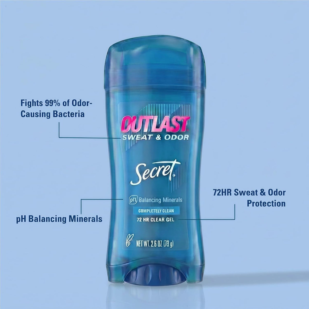 Secret Outlast Antiperspirant Deodorant for Women. 72hr Sweat & Odor Protection. Pro-Hyaluronic Power. pH Balancing Minerals. Clear Gel. Completely Clean Scent. 2.6 oz