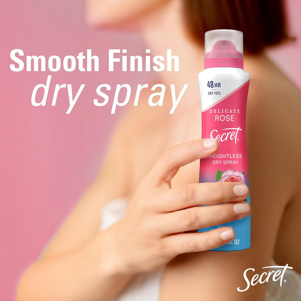 Secret Dry Spray Antiperspirant Deodorant for Women. 48hr Weightless Sweat & Odor Protection. Gentle on Skin. Delicate Rose Scent. 4.1 oz (Pack of 3)