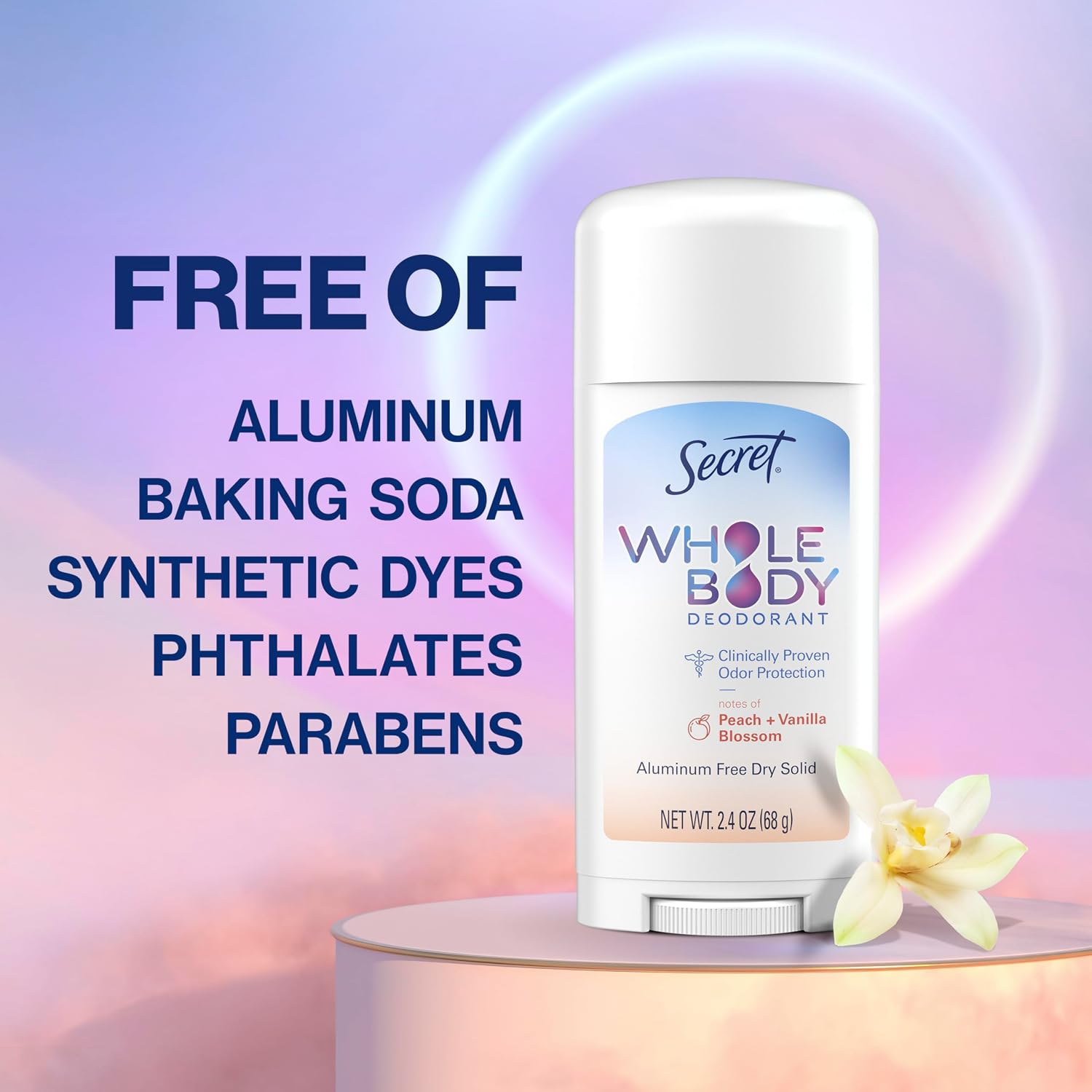 Secret Whole Body Deodorant Stick for Women. Naturally Derived Ingredients. Peach & Vanilla Scent. Aluminum Free Deodorant Stick. 72 HR Odor Protection. 2.4 oz