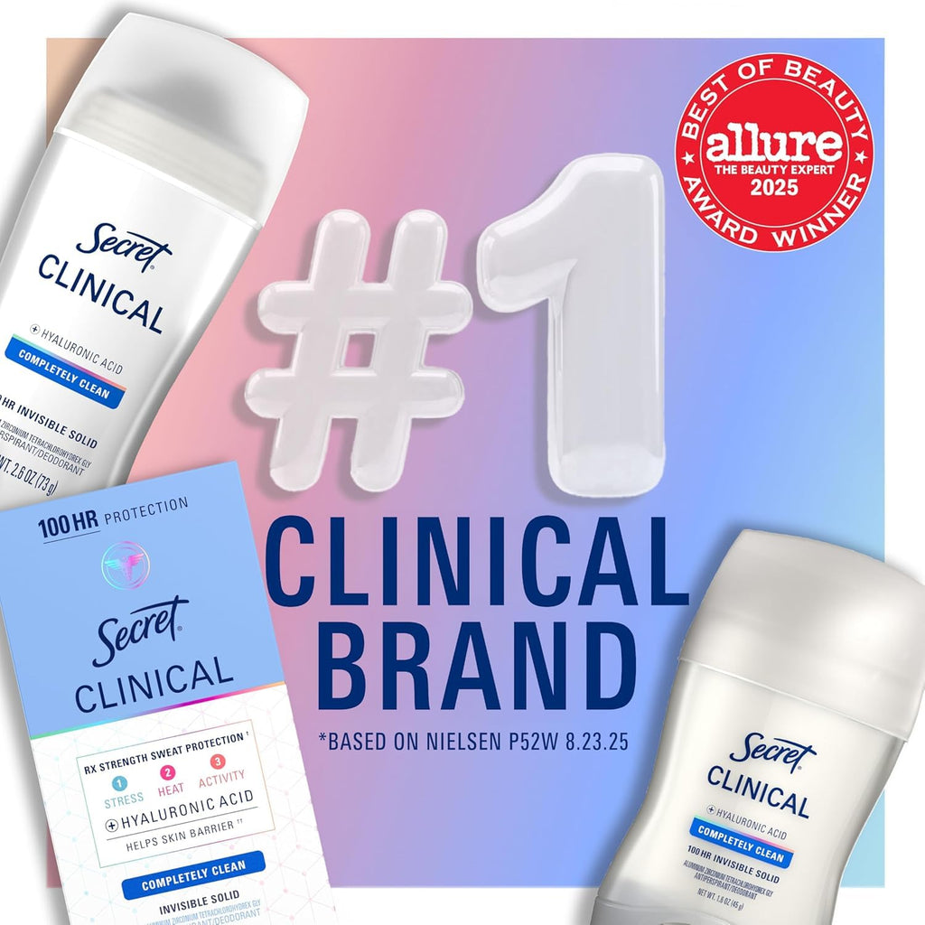 Secret Clinical Strength 100HR Sweat & Odor. Clear Gel Antiperspirant Deodorant for Women. 3X Stress Protection with Hyaluronic Acid. PH Balancing Minerals. Completely Clean Scent. 2.6 oz