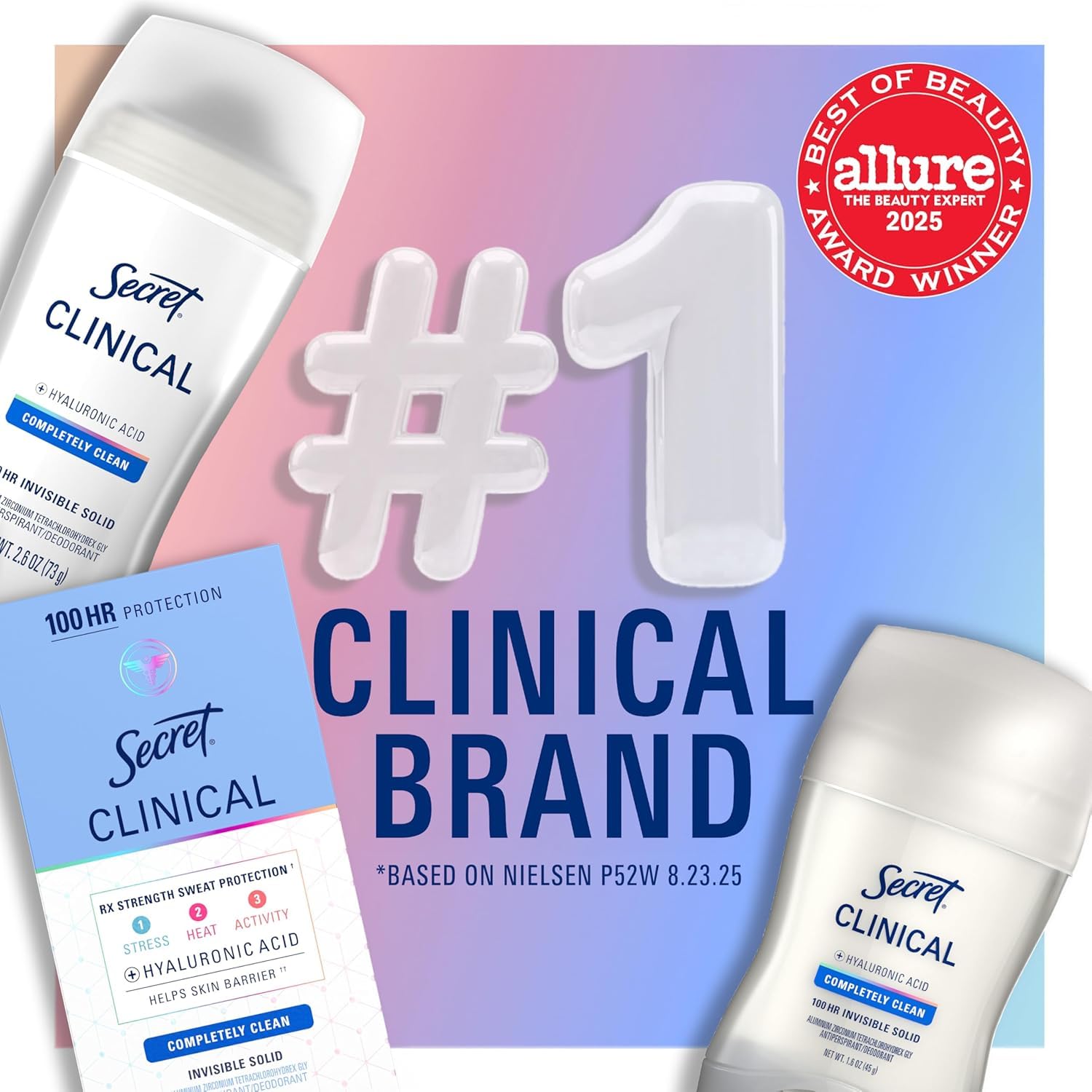 Secret Clinical Strength 100HR Sweat & Odor. Clear Gel Antiperspirant Deodorant for Women. 3X Stress Protection with Hyaluronic Acid. PH Balancing Minerals. Completely Clean Scent. 2.6 oz