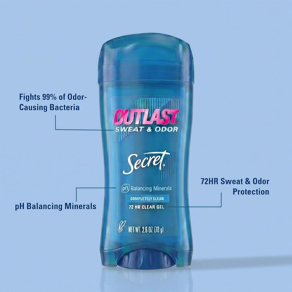 Secret Outlast Antiperspirant Deodorant for Women. 72hr Sweat & Odor Protection. PH Balancing Minerals. Pro-Hyaluronic Acid. Clear Gel. Completely Clean Scent. 2.6 oz (Pack of 2)