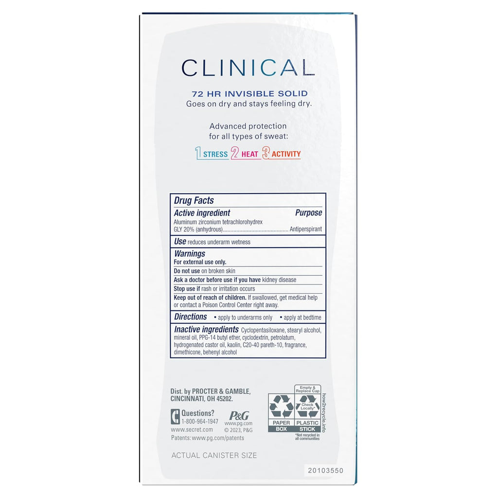 Secret Clinical Strength Antiperspirant Deodorant for Women. 3X Stress Protection. 72hr Sweat & Odor Protection. PH Balancing Minerals. Invisible Solid. Cool Waterlily Scent. 2.6 oz
