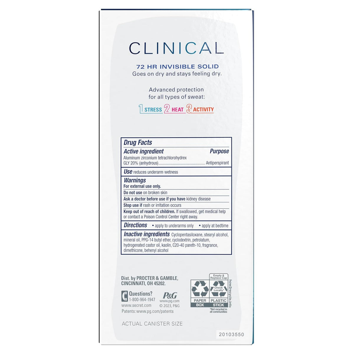 Secret Clinical Strength Antiperspirant Deodorant for Women. 3X Stress Protection. 72hr Sweat & Odor Protection. PH Balancing Minerals. Invisible Solid. Cool Waterlily Scent. 2.6 oz