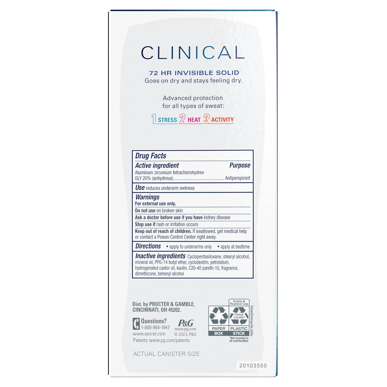 Secret Clinical Strength Antiperspirant Deodorant for Women. 3X Stress Protection. 72hr Sweat & Odor Protection. PH Balancing Minerals. Invisible Solid. Cool Waterlily Scent. 2.6 oz
