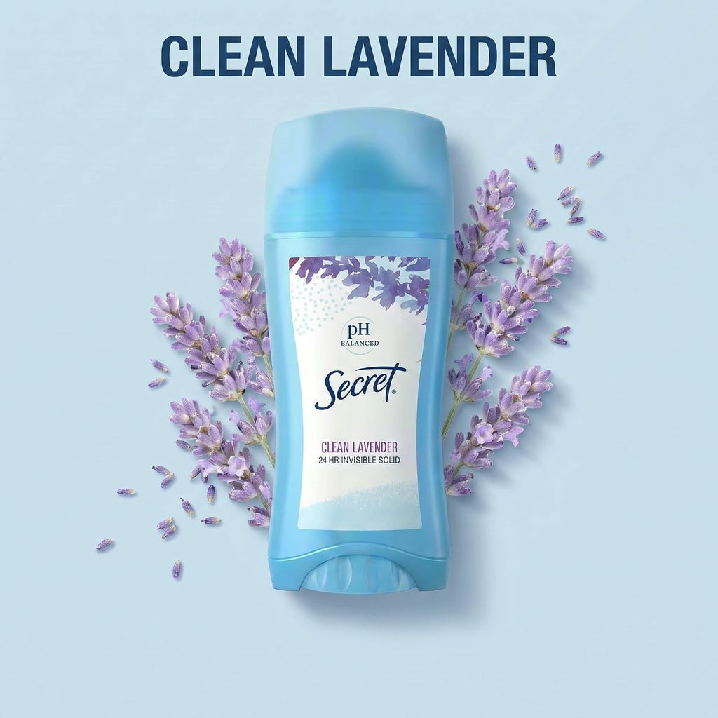 Secret Antiperspirant and Deodorant for Women. 24hr Sweat & Odor Protection. PH Balanced Protection. Gentle on Skin. Invisible Solid. Clean Lavender Scent. 2.6 oz (Pack of 2)