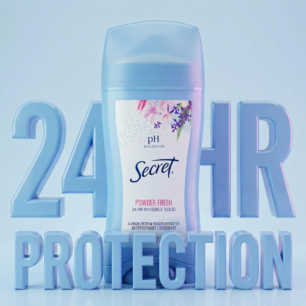Secret Antiperspirant and Deodorant for Women. 24hr Sweat & Odor Protection. PH Balanced Protection. Gentle on Skin. Invisible Solid. Powder Fresh Scent. 2.6 oz