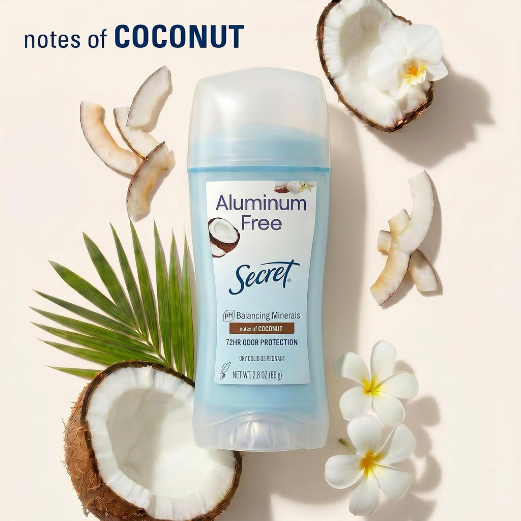 Secret Aluminum Free Deodorant for Women. 48hr Odor Protection. Naturally Derived Ingredients. Free of Parabens Dyes Talc & Baking Soda. PH Balanced. Dry Solid. Coconut Scent. 2.4 oz (Pack Of 3)