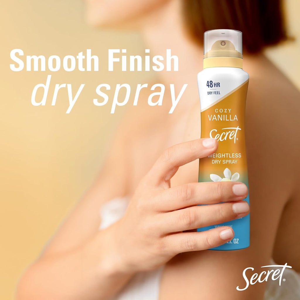 Secret Dry Spray Antiperspirant Deodorant for Women. 48hr Weightless Sweat & Odor Protection. Gentle on Skin. Cozy Vanilla Scent. 4.1 oz (Pack of 3)