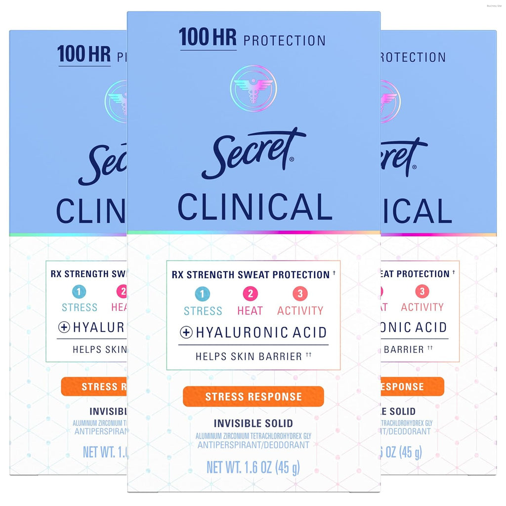 Secret Clinical Strength 100HR Sweat & Odor. Stress Response Invisible Solid Antiperspirant Deodorant for Women. 3X Stress Protection with Hyaluronic Acid. PH Balanced. 1.6 oz (Pack of 3)