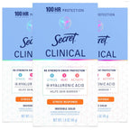 Secret Clinical Strength 100HR Sweat & Odor. Stress Response Invisible Solid Antiperspirant Deodorant for Women. 3X Stress Protection with Hyaluronic Acid. PH Balanced. 1.6 oz (Pack of 3)