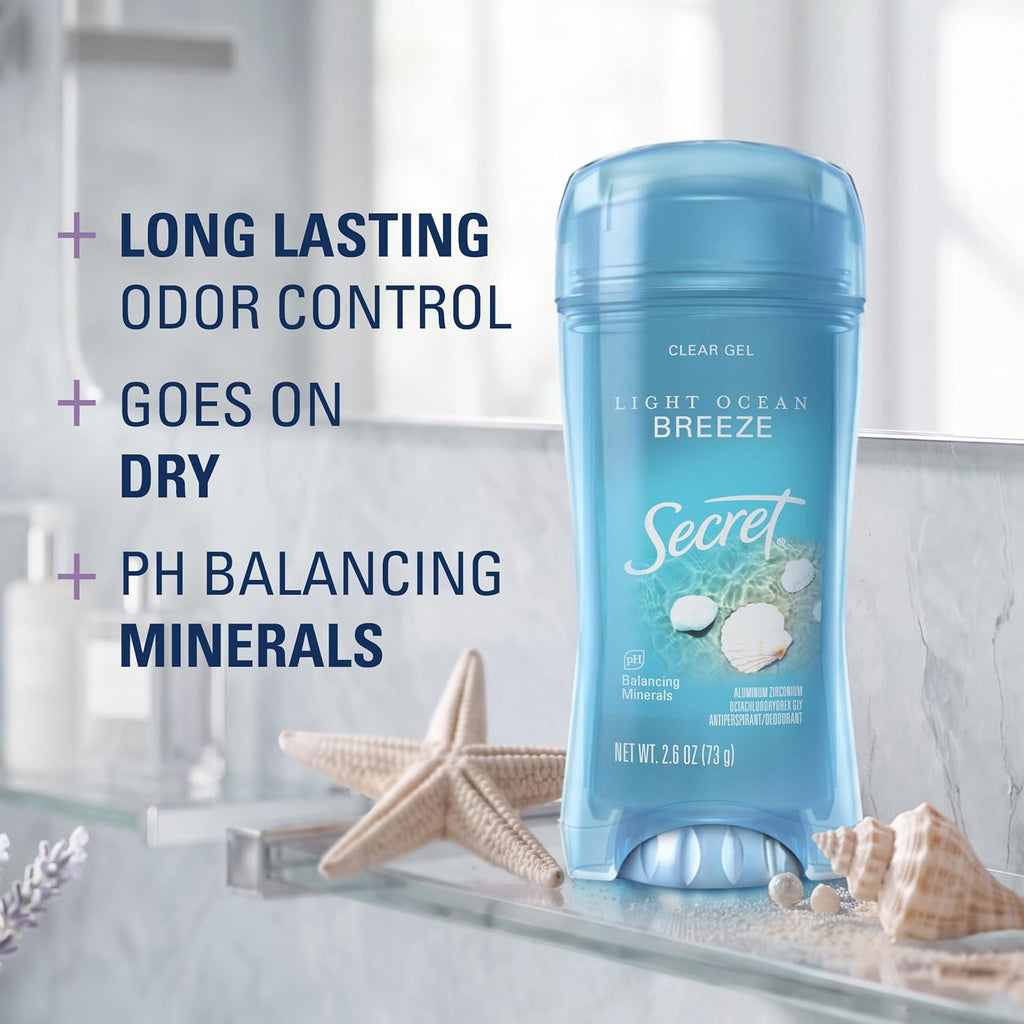 Secret Fresh Antiperspirant Deodorant for Women. 72hr Breathable Sweat & Odor Protection. Instant Freshness & Gentle. PH Balancing Minerals. Clear Gel. Light Ocean Breeze Scent. 2.6 oz