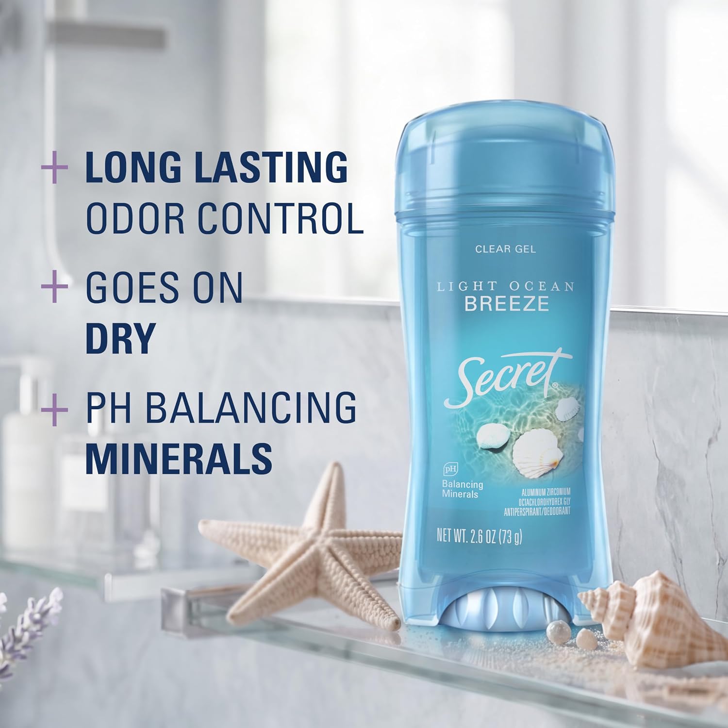 Secret Fresh Antiperspirant Deodorant for Women. 72hr Breathable Sweat & Odor Protection. Instant Freshness & Gentle. PH Balancing Minerals. Clear Gel. Light Ocean Breeze Scent. 2.6 oz