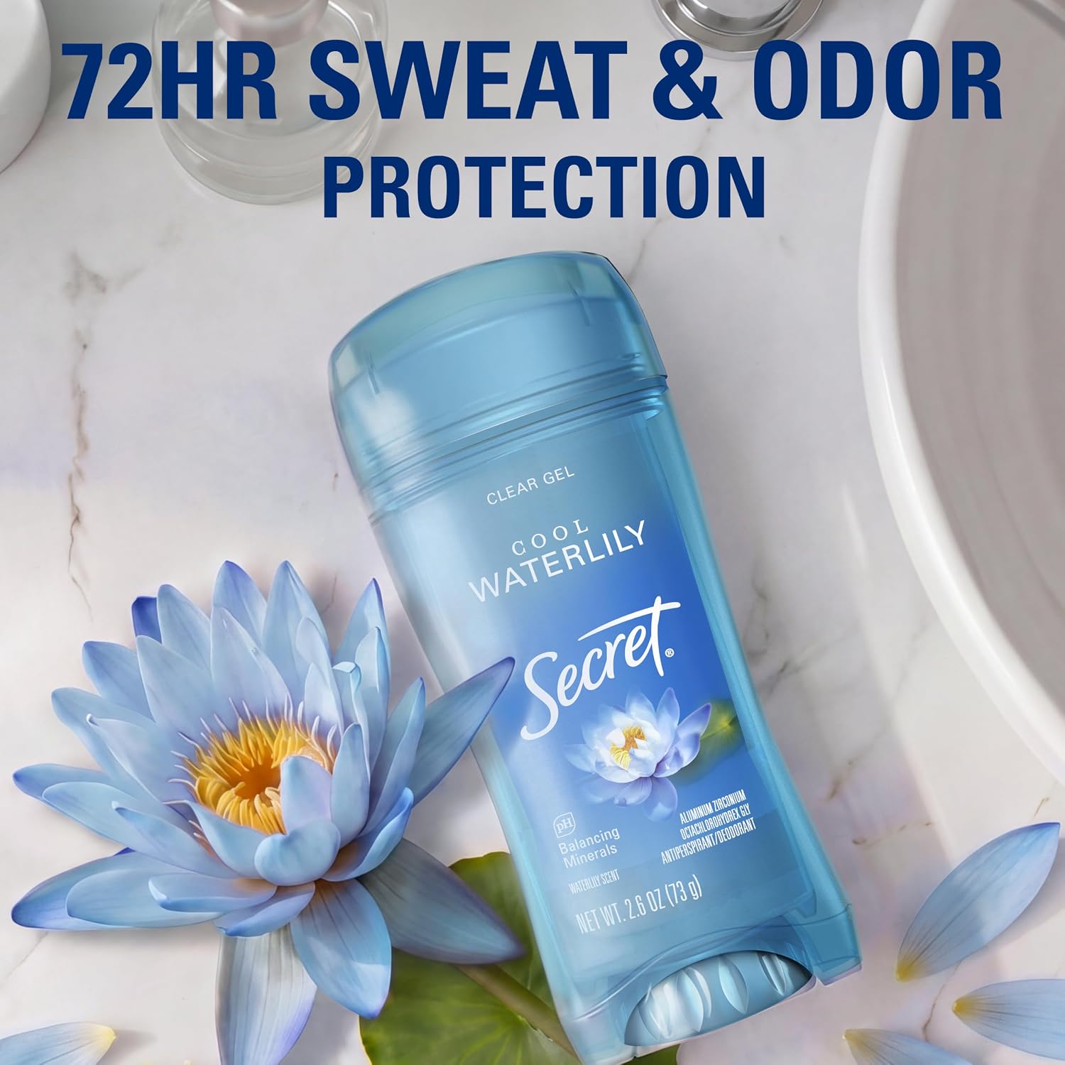 Secret Fresh Antiperspirant Deodorant for Women. 72hr Breathable Sweat & Odor Protection. Instant Freshness & Gentle. PH Balancing Minerals. Clear Gel. Cool Waterlily Scent. 2.6 oz (Pack of 3)