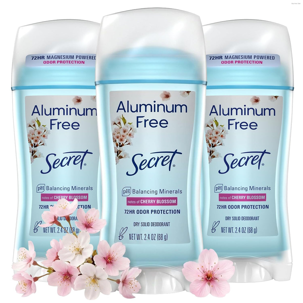 Secret Aluminum Free Deodorant for Women. 72hr Odor Protection. Free of Parabens Dyes Talc & Baking Soda. PH Balancing Minerals. Dry Solid. Cherry Blossom Scent. 2.4 oz (Pack Of 3)