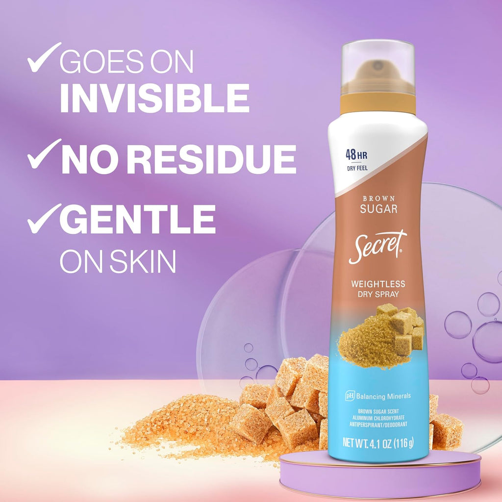 Secret Dry Spray Antiperspirant Deodorant for Women. 48hr Weightless Sweat & Odor Protection. Gentle on Skin. Brown Sugar Scent. 4.1 oz (Pack of 3)