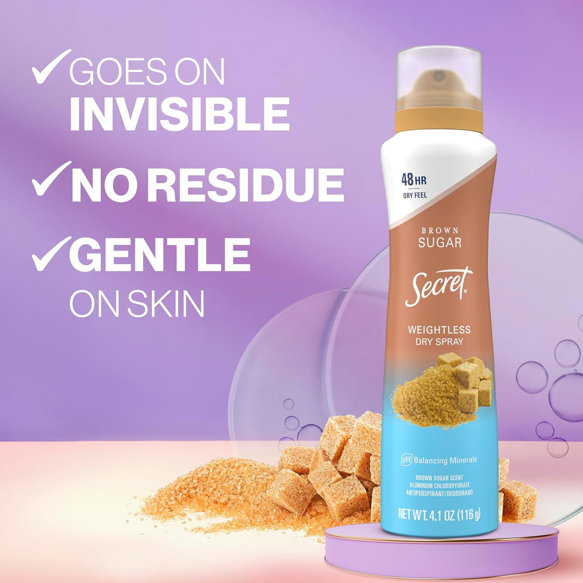 Secret Dry Spray Antiperspirant Deodorant for Women. 48hr Weightless Sweat & Odor Protection. Gentle on Skin. Brown Sugar Scent. 4.1 oz (Pack of 3)