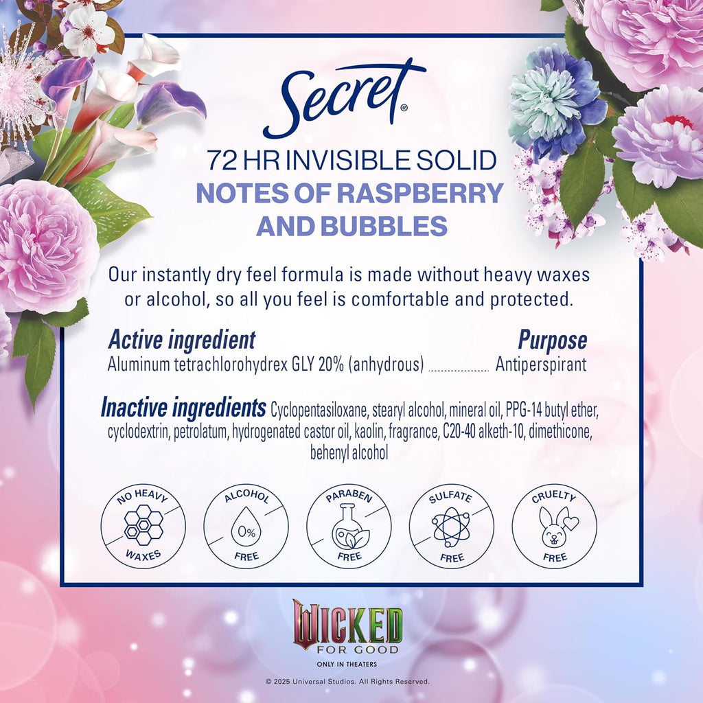 Secret Clinical Strength Antiperspirant Deodorant for Women. Couldn't Be Lovelier. 3X Sweat Protection. 72hr Sweat & Odor Protection. PH Balanced. Invisible Solid. Raspberry & Bubbles Scent. 2.6 oz