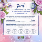 Secret Clinical Strength Antiperspirant Deodorant for Women. Couldn't Be Lovelier. 3X Sweat Protection. 72hr Sweat & Odor Protection. PH Balanced. Invisible Solid. Raspberry & Bubbles Scent. 2.6 oz